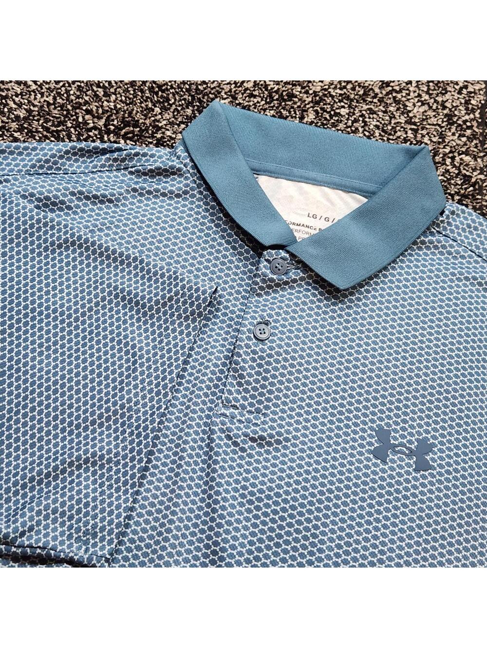 Under Armour Polo Shirt Mens Large Blue Geometric Short Sleeve Loose Fit Golf